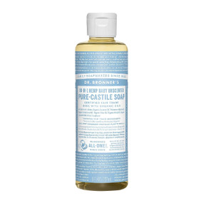 Dr Bronner's Baby Unscented Pure Castile Liquid Soap - 236-ml plastic bottle with blue label; fragrance-free & kind to your baby's skin.