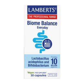 Lamberts Healthcare Biome Balance Everyday, previously known as Acidophilus Extra 10, 30-capsules in a white & blue cardboard box; to support a healthy digestive tract, promote gut flora balance, and contribute to a strong immune system.