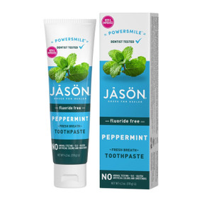 Jason Powersmile Peppermint Fresh Breath Toothpaste Fluoride Free - 119-Grams tube with a blue label; a stain fighting and tooth polishing formula, control the build-up of tartar, fight bacteria, and neutralise bad breath.