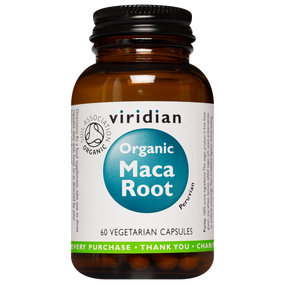 Viridian Nutrition Organic Maca Root - 500-mg 60-Capsules bottle; contains significant nutrients to help relieve the symptoms of low libido, menopause and may enhance fertility.