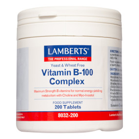 Lamberts Healthcare Vitamin B-100 Complex - 200-Tablets front image; a high strength vitamin B supplement for energy.