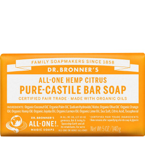 Dr Bronner's Citrus Orange Organic Soap Bar - 140-Grams front image; cleanses your skin and revives your spirits