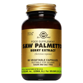 Solgar Saw Palmetto Berry Extracts, brown glass bottle gold label with green band, help prostate health & female hormone health
