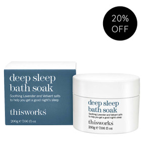 This Works Deep Sleep Bath Soak - 200-Grams tub and blue carton; soothing lavender and vertivert to help you get a good nights sleep