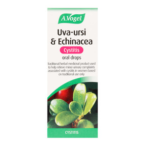 A. Vogel Uva-Ursi & Echinacea Cystitis Oral Drops - 50-ml front image; formerly Uva-Ursi Complex drops, is now a licensed remedy to treat cystitis and urinary tract infections in women.