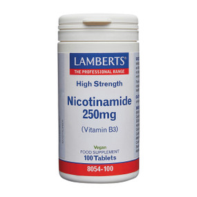 Lamberts Healthcare Nicotinamide 250mg - 100-Tablets in white palstic tub; helps enhance circulation, fights fatigue, lower cholesterol & maintains healthy skin.
