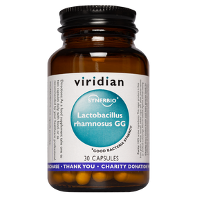 Viridian Nutrition Synerbio Lactobacillus Rhamnosus GG - 30-Capsules bottle; a friendly intestinal probiotic to help keep your gut healthy and free from harmful bacteria bacteria.