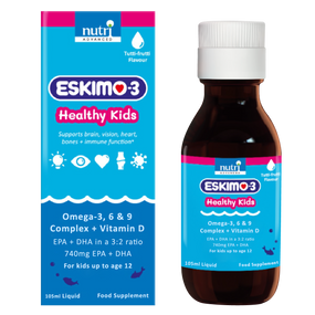 Nutri Advanced Eskimo 3 Healthy Kids Fish Oil - 105-ml glass bottle in blue box; a pure stable fish oil suitable for kids aged 3-12 years.