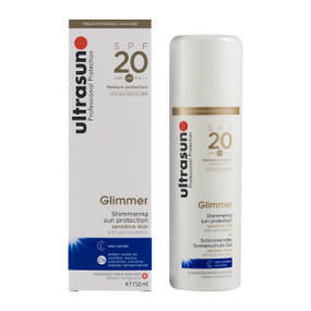 Ultrasun-Glimmer-SPF 20 - 150-ml front image; contains tiny particles which enhance UV protection by deflecting the sun’s rays – and leaves your skin with a radiant glow.