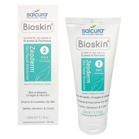 Salcura Bioskin Zeoderm Moisturiser - 50-ml tube - white plastic tube and box; a natural skin therapy for those prone to more severe cases of eczema, psoriasis, dermatitis, urticaria and dry skin conditions.