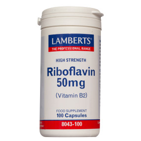 Lamberts Healthcare Riboflavin (Vitamin B2) - 50-mg 100-Capsules front image; provides Vitamin B2 to reduce tiredness and enhance energy.