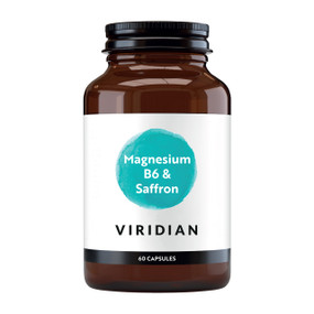 Viridian Nutrition Magnesium B6 & Saffron - 60-Capsules bottle; a natural remedy to help alleviate the symptoms of PMS including anxiety, mild to moderate depression, low energy & food cravings.