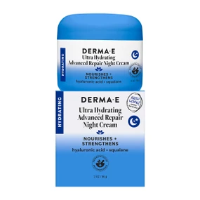 Derma E Ultra Hydrating Advanced Repair Night Cream - 56-Grams blue glass jar with white cap and carton box;  plumps, smooths, and softens your skin, diminishing the signs of ageing while you sleep.