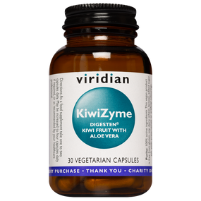 Viridian Nutrition KiwiZym - 30-Capsules bottle; a natural fibre for constipation, which helps to calm an inflammed stomach and break down proteins, returning the gut to optimum health.