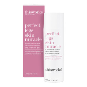 This Works Perfect Legs Skin Miracle - 150-ml white plastic tube and pink carton box; Perfect Legs Skin Miracle will boost your mood and body confidence with this uplifting multi-vitamin, tinted serum, to enhance and restore skin of all tones