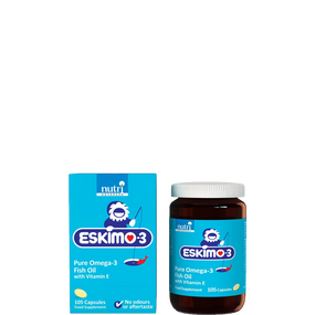 Nutri Advanced Eskimo 3 Fish Oil 105 caps - brown glass jar with blue label and blue carton; benefits circulation, protects the heart & may help alleviate joint pain