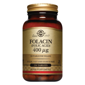 Solgar Vitamins Folacin (Folic Acid) 250-tablets - 400-ug amber glass bottle with gold label and gold lid; provides the most natural form of vitamin B-9