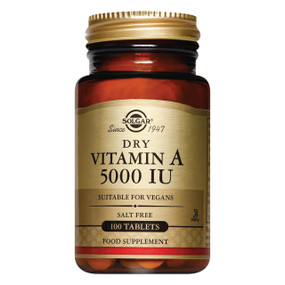 Solgar Vitamins Dry Vitamin A 1500 mcg 100-tablets - 5000-iu amber glass bottle; each tablet provides 5000iu or 1500mcg of vitamin A from beta carotene for healthy vision & immune system.
