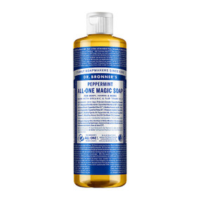 Dr Bronner's Peppermint All-One Magic Soap - 236-ml plastic bottle with blue label; the most popular liquid soap wash in the range