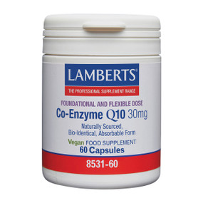 Lamberts Healthcare Co-Enzyme Q10 30mg 60 capsules white tub; provides a good strength CoQ10 supplement for its numerous health benefits