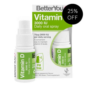 Better You Vitamin D 3000IU Oral Spray  - 15-ml in a white and green bottle; provides a high daily dose of oral vitamin D formulated to deliver through the soft tissues of the mouth for optimum absorption.