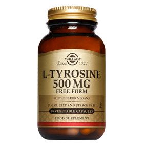 Solgar Vitamins L-Tyrosine 500mg - 50-Capsules bottle; provides an amino acid which is a precursor to the mood elevating compound dopamine, helping to control mood and emotional state.