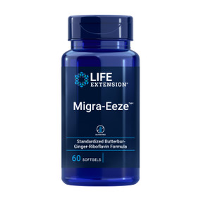 Life Extension Migra-Eeze - 60-Softgels blue bottle; formulation with standardized extract of butterbur root to provide support for head comfort.