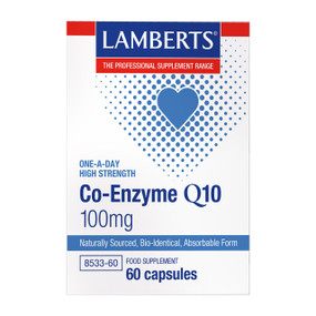 Lamberts Healthcare Co-Enzyme Q10 100mg - 60-Capsules white box; a high strength CoQ10 supplement for its numerous health benefits
