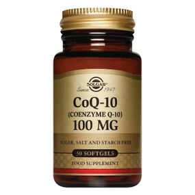 Solgar Vitamins Coenzyme Q10 100mg Softgels - 30-Softgels amber glass bottle with gold label and gold lid; provides a vital antioxidant that is structurally similar to vitamin E to protect the cells from free radicals & oxidative damage