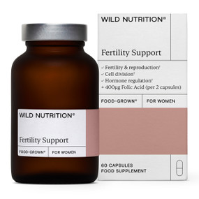 Wild Nutrition Food-Grown® Fertility Support for Women - 60-Capsules bottle; has been safely formulated so that it can also be used for the first few weeks of pregnancy.