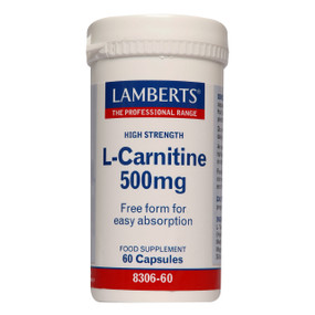Lamberts Healthcare L-Carnitine - 500-mg 60-Capsules white tub; an amino acid that is pure, free-form that is ready to be absorbed.
