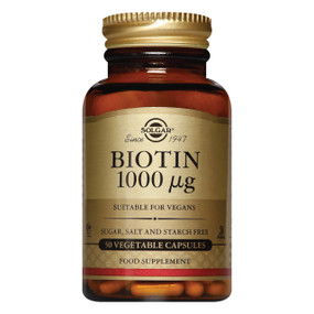 Solgar Vitamins Biotin - amber glass bottle with gold label and gold lid; maintains healthy hair, sweat glands, nerves and bone marrow