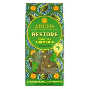 Aduna Green Tea & Turmeric Organic Super-Tea helps support liver detoxification, immune function and digestive health while increasing energy levels.