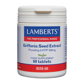 Lamberts Healthcare 5-HTP - 100-mg 60-Tablets in a white plastic tub; 5-HTP, short for 5-hydroxytryptophan, is a derivative of tryptophan