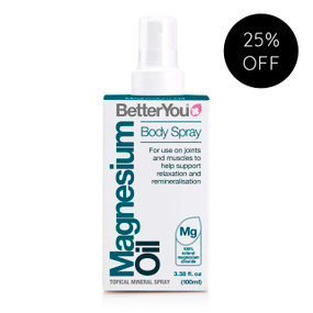 Better You Magnesium Oil Original Spray - 100-ml white and blue bottle; provides transdermal magnesium chloride spray for topical use which feels like an oil and has numerous benefits including alleviating sore joints, knee pain and encouraging restful sleep.