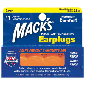 Macks Pillow Soft Earplugs - 2-Pairs front image in blue box; Waterproof and airtight, perfect for  flying, swimming or trying to sleep next to a partner who snores.