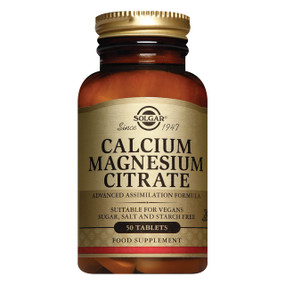 Solgar Vitamins Calcium Magnesium Citrate 50-tablets - amber glass bottle with gold label and lid; provides both these minerals required for bone health