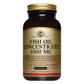 Solgar Vitamins Fish Oil Concentrate - 1000-mg 60-Softgels bottle; contains the best source of omega 3 essential fatty acids.