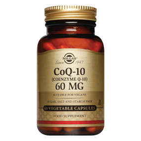 Solgar Vitamins Coenzyme Q10 60mg 60-capsules - amber glass jar, gold label and gold lid;  provides an antioxidant that is structurally similar to vitamin E with multiple health benefits