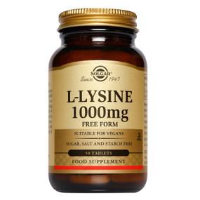 Solgar Vitamins L-Lysine 1000mg 50-tablets -  - amber glass jar, gold label and gold lid; speeds recovery from, and prevent recurrences of, herpes infections.