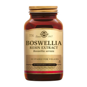 Solgar Vitamins Boswellia Resin Extract - 60-Capsules  - amber glass jar, gold label and gold lid;  may be useful for rheumatism, for arthritic pain, gout, low back pain, myositis and fibromyalgia.