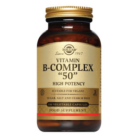 Solgar Vitamins Vitamin B Complex "50" High Potency 100-Capsules - bottle; provides 50mg of the key B-vitamins required for their health benefits