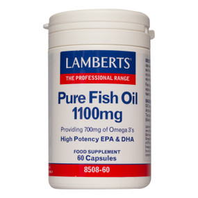 Lamberts Healthcare Pure Fish Oil 60-capsules - 1100-mg 60-Capsules front image. A strong fish oil supplement with 700mg of omega-3s.