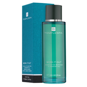 TEMPLESPA Work It Out Bathing & Massage Oil - 100-ml bottle and box; boosts circulation, helps lymph drainage, eases muscle tension & pain, and is a good treatment for cellulite.