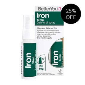 Better You Iron 10 Oral Spray - 25-ml green and white bottle; scientifically formulated to deliver iron directly into the bloodstream, bypassing primary processing by the gut