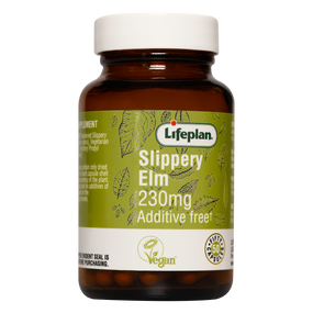 Lifeplan Slippery Elm 50-capsules - 230-mg brown glass bottle with green label; helps to soothe stomach pain.
