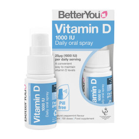 Better You Vitamin D 1000IU Oral Spray - 15-ml white bottle with a blue label; a fast absorbing vitamin D spray delivering 1000iu of vitamin D for healthy bones, teeth, and immune system.