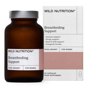 Wild Nutrition Food-Grown® Breastfeeding Support - 90-Capsules bottle; a unique complex of Food-Grown® nutrients and botanicals to support milk supply and quality for breastfeeding women.