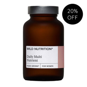 Wild Nutrition Food-Grown® Women's Daily Multi Nutrient - 60-Capsules bottle; has been expertly formulated to reflect the change in nutrient demand of young women (up to age 44) when physiological and psychological demand is high
