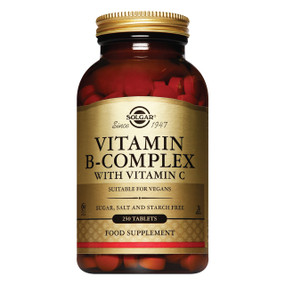 Solgar Vitamins Vitamin B-Complex With Vitamin C 250-tablets - jar; a supplement containing a complex of Vitamins B with Vitamin C to help support energy & enhance immunity.